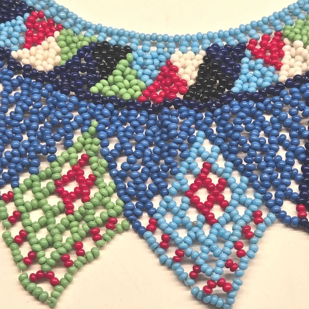Huichol Beaded Necklace Statement Collar Wixárika Folk Art Blue Multicolor